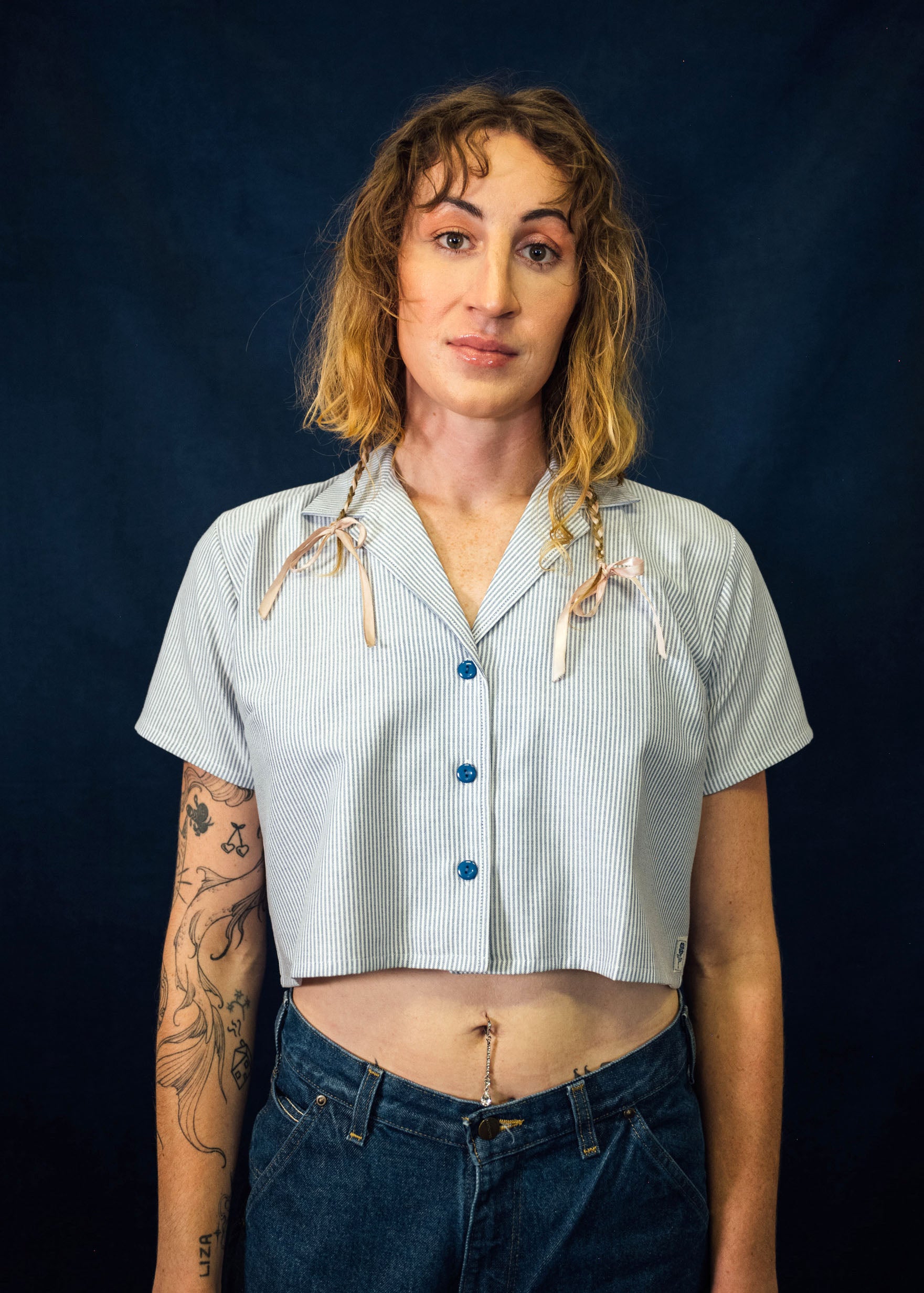 Blue Stripes Crop Work Shirt – Mira Flores