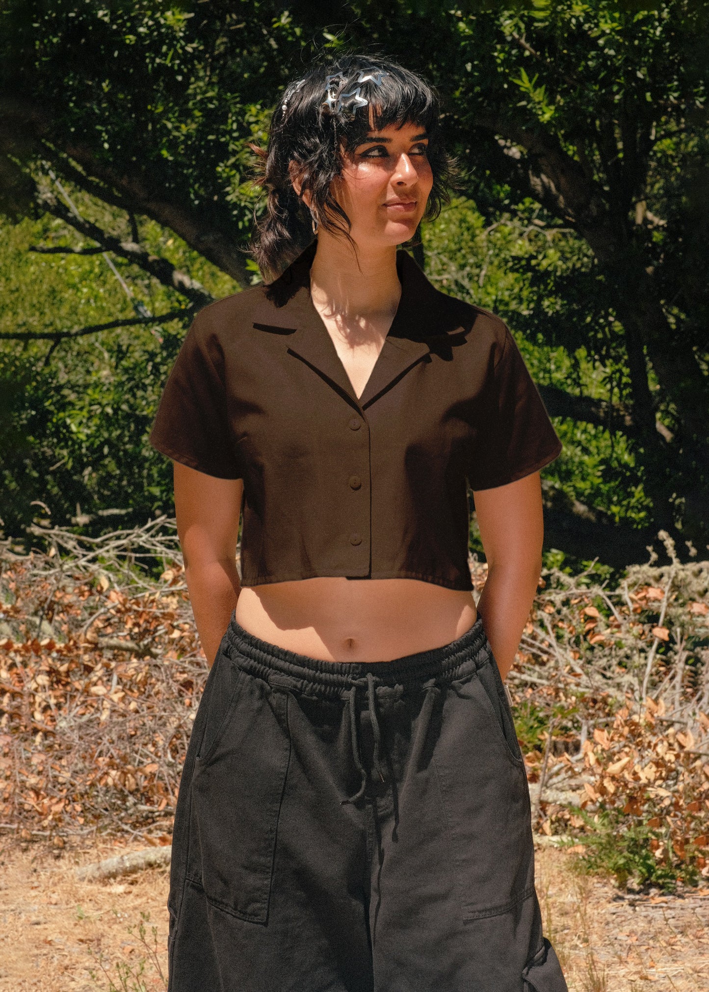 Brown Crop Work Shirt