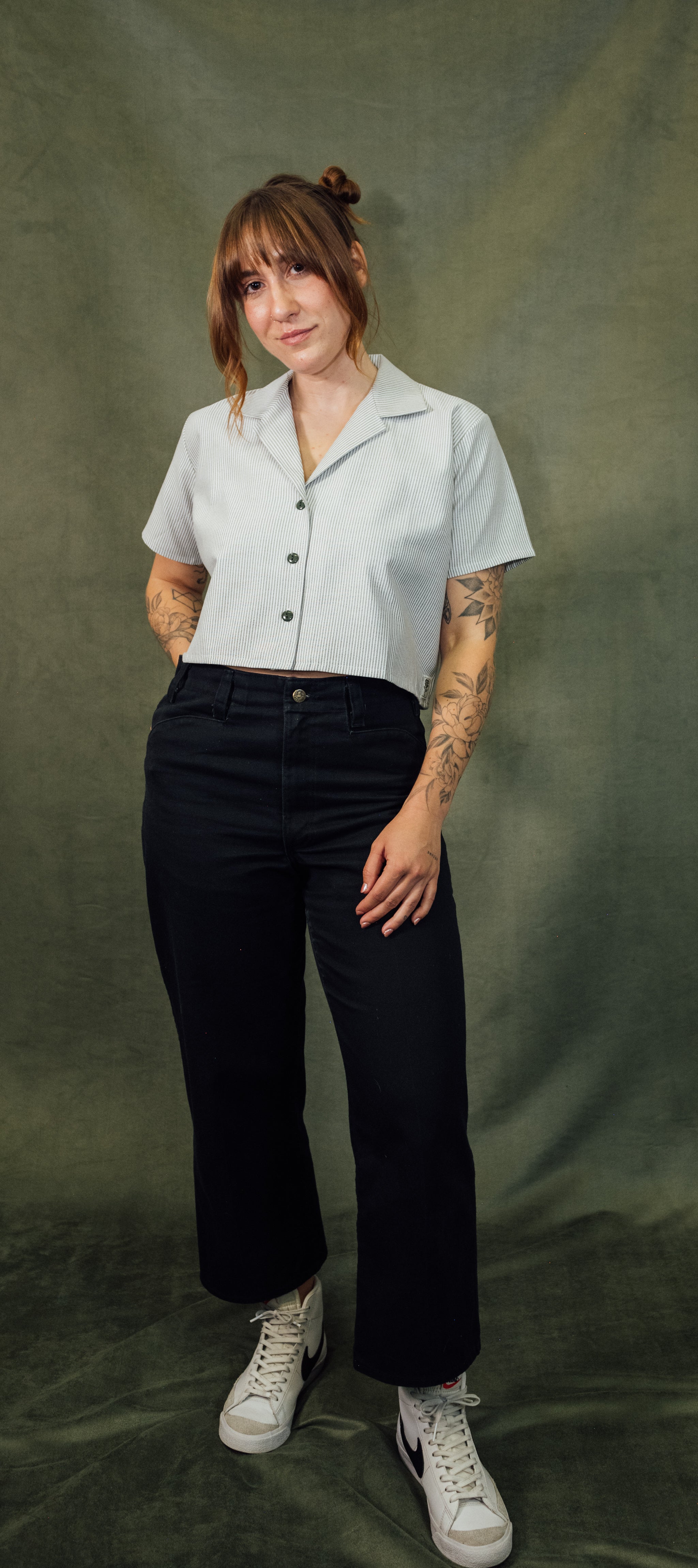 Green Stripes Crop Work Shirt – Mira Flores